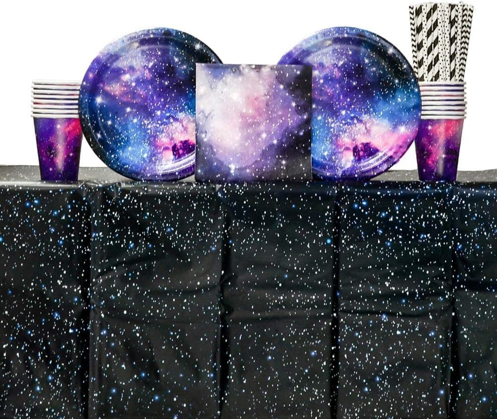 New Galaxy Party Supplies Pack for 16 Guests Including Paper Cups, Paper Dinner Plates, Paper Lunch Napkins, Paper Straws, and Plastic Table Cover (Bundle for 16)