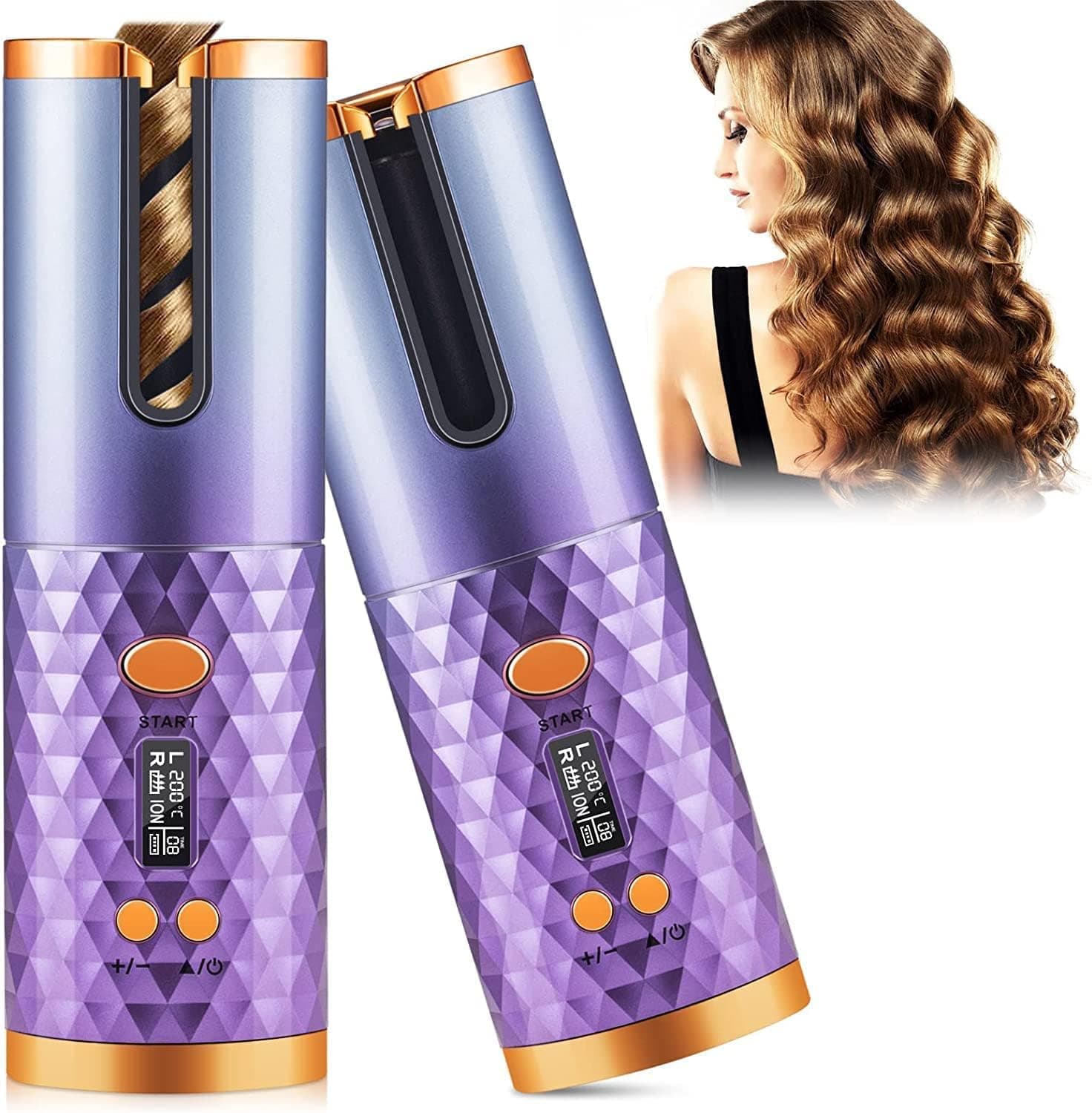 Automatic Curling Iron, Cordless Hair Curler, Wireless Rotating Hair Curler with 6 Temp & Timer LCD Display USB Rechargeable, Fast Heating & Auto Shut Off (Blue)