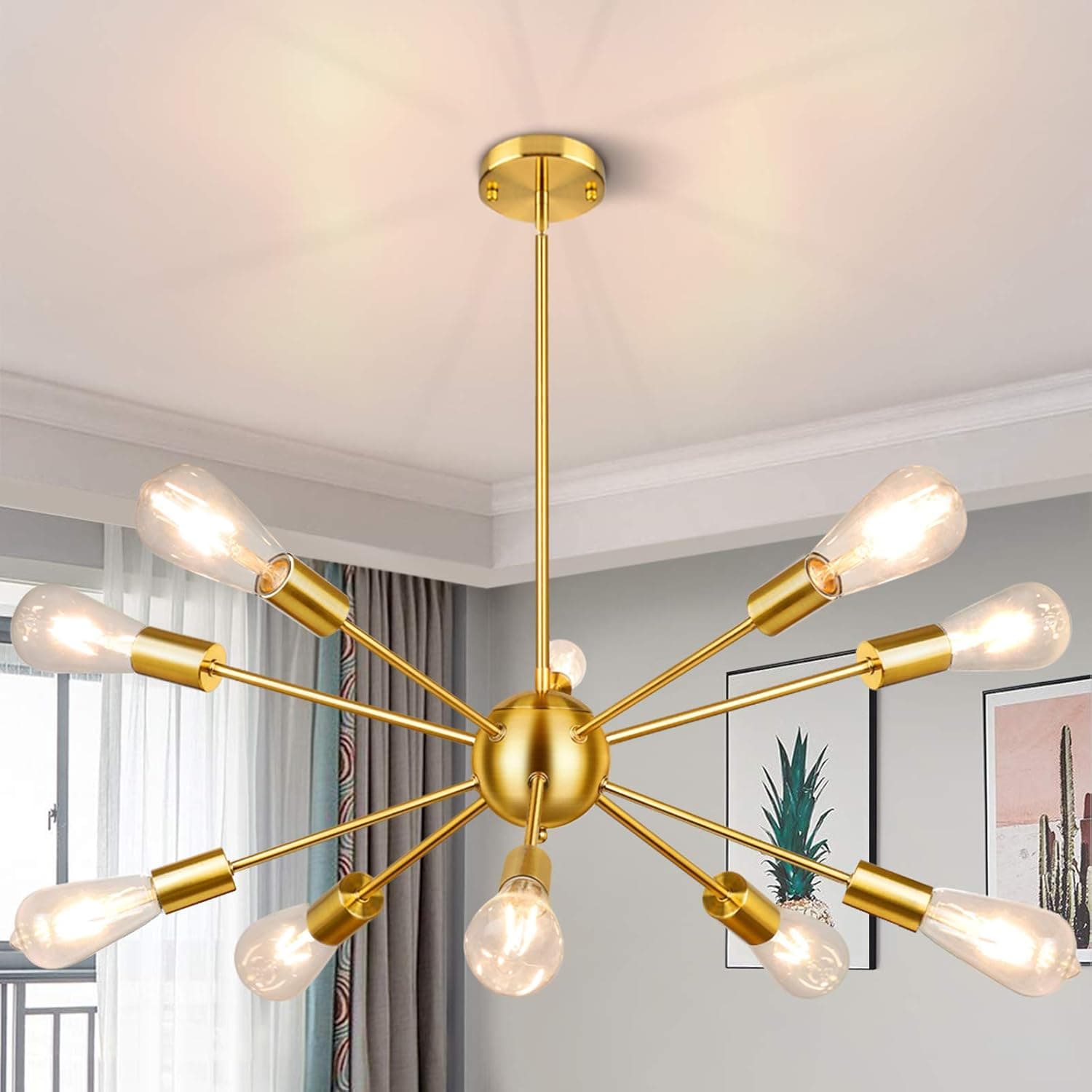 MAXvolador Sputnik Chandeliers 10-Light, Brushed Brass Modern Pendant Lighting Adjustable Length, Industrial Vintage Ceiling Light Fixture Anti-Rust Modern Chandelier for Hallway Kitchen, Gold