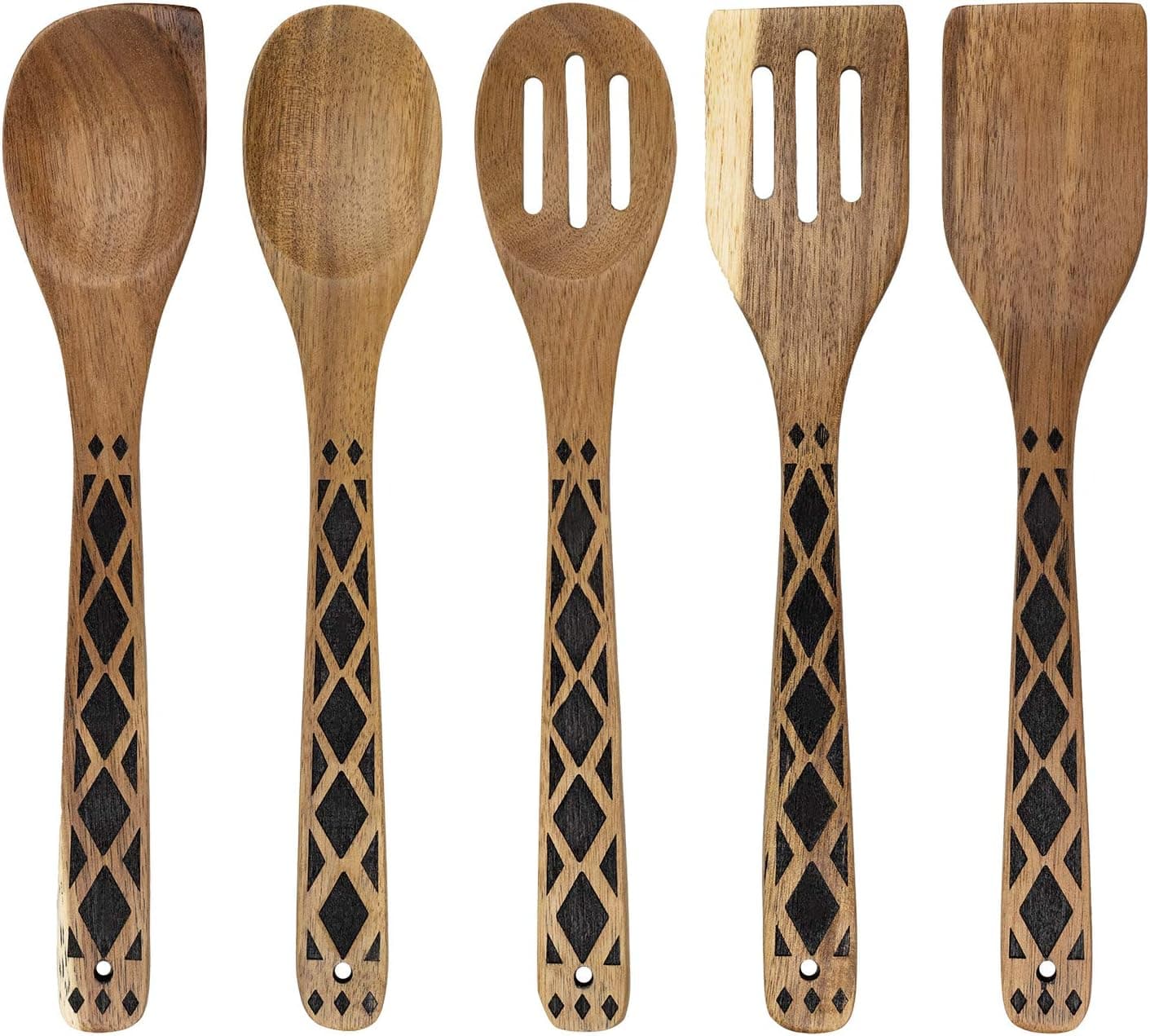 Country Kitchen 5 Piece Nonstick Utensil Set Acacia Wooden Kitchen Tools for Serving and Healthy Cooking with Black Inlay Design