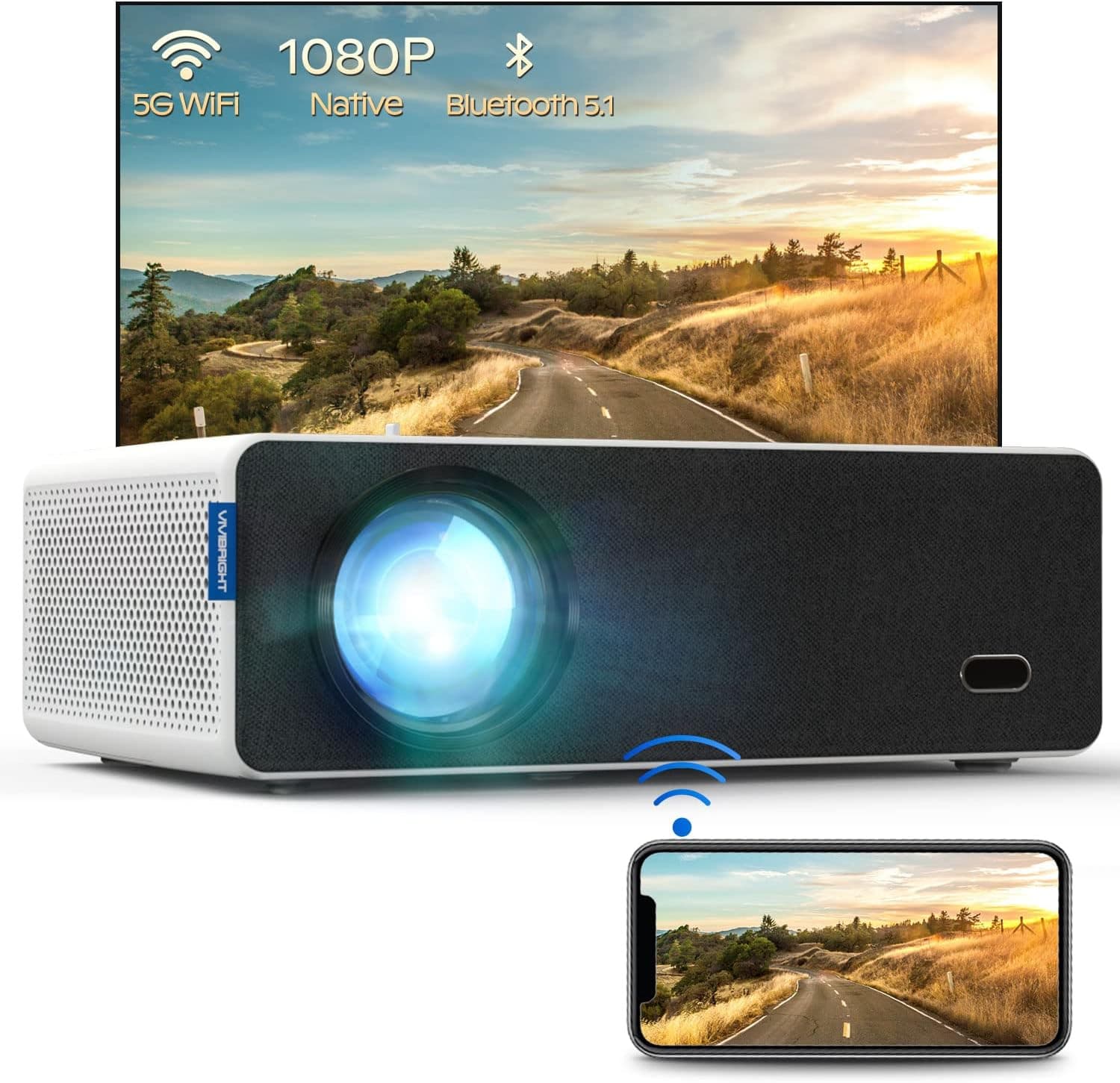 WiFi Bluetooth Projector, VIVIBRIGHT Native 1080P Full HD Projector with 10W Speakers, Outdoor Projector 4K Support, Home Movies Theater Compatible with Phone/TV Stick/PS5/Laptop/HDMI(D5000)
