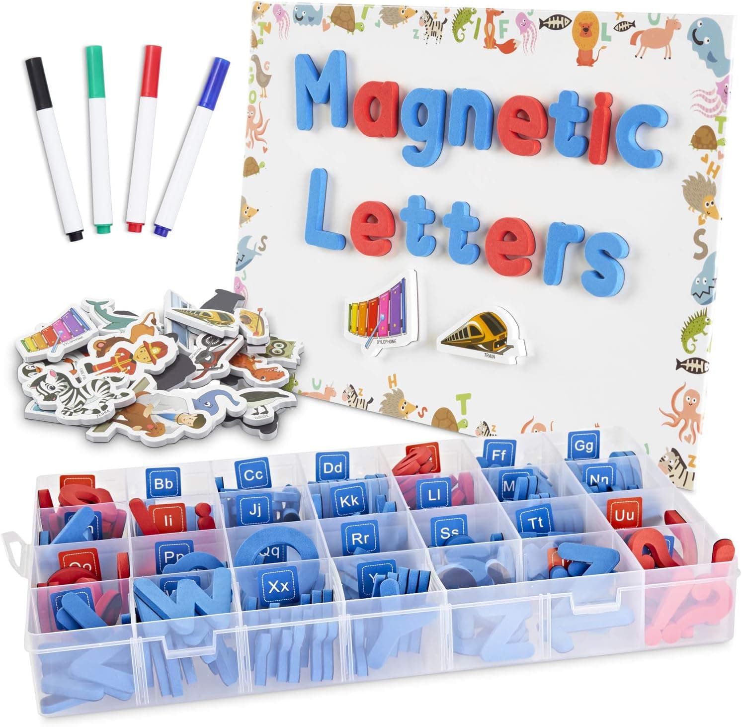 CHUCHIK ABC Magnetic Letters Set for Kids and Toddlers. Alphabet Lowercase and Uppercase Foam Magnets with White Board, 4 Pens and Eraser (Letter-5-colors)