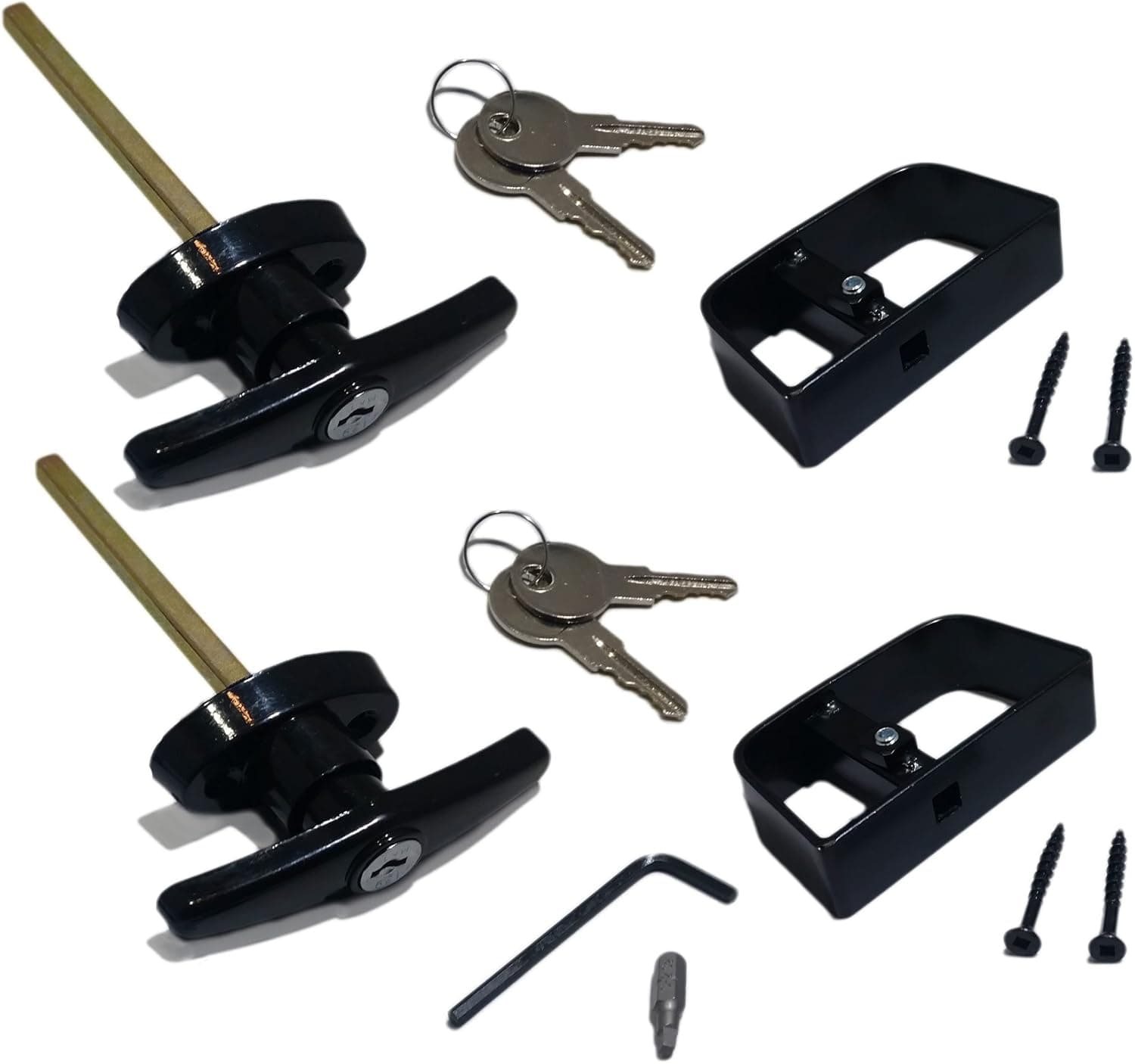 Keyed Alike Pair of Shed Door T-Handle Locks - 4-1/2" Stem Length, Includes 2 Handles, 4 Keys, 4 Screws, Square Bit, Allen Wrench, Shed Lock, Barn Door Lock, Playhouse Lock & Chicken Coop Lock (Black)