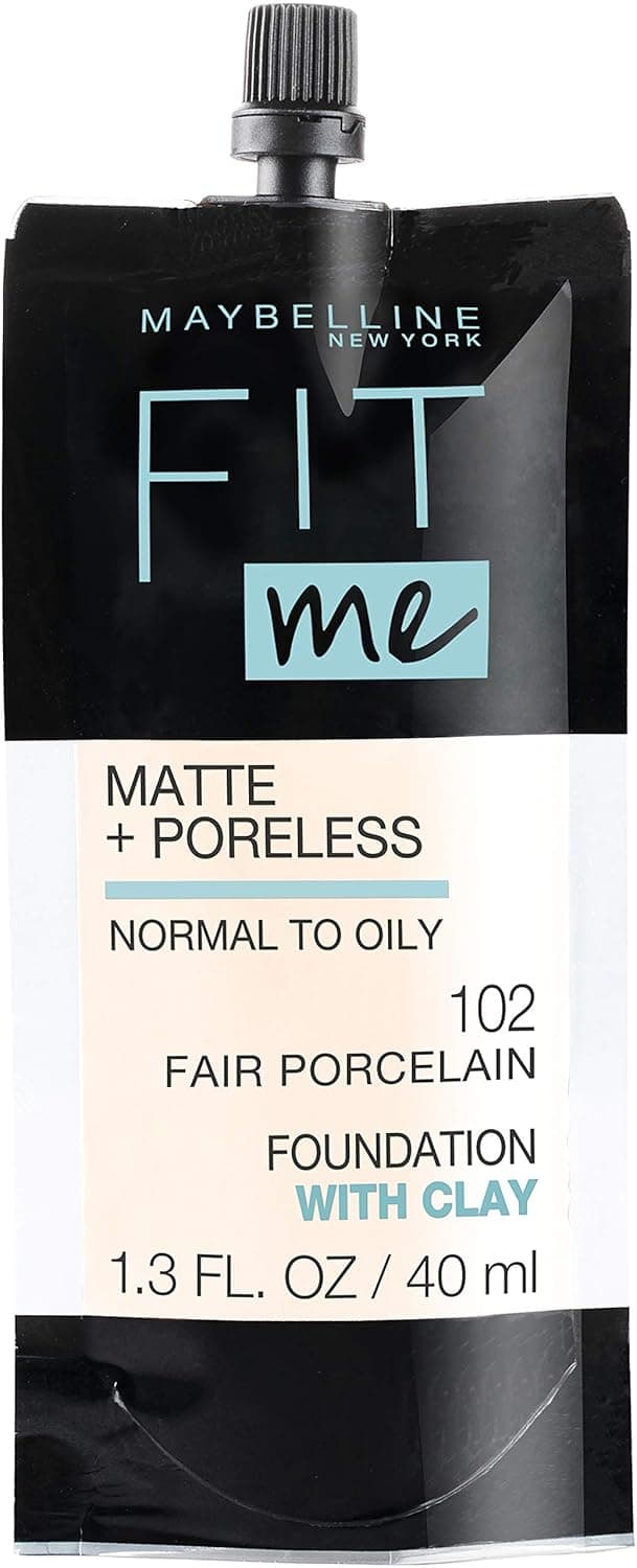 Maybelline New York Fit Me Matte + Poreless Liquid Foundation, Pouch Format, 102 Fair Porcelain, 1.3 Ounce