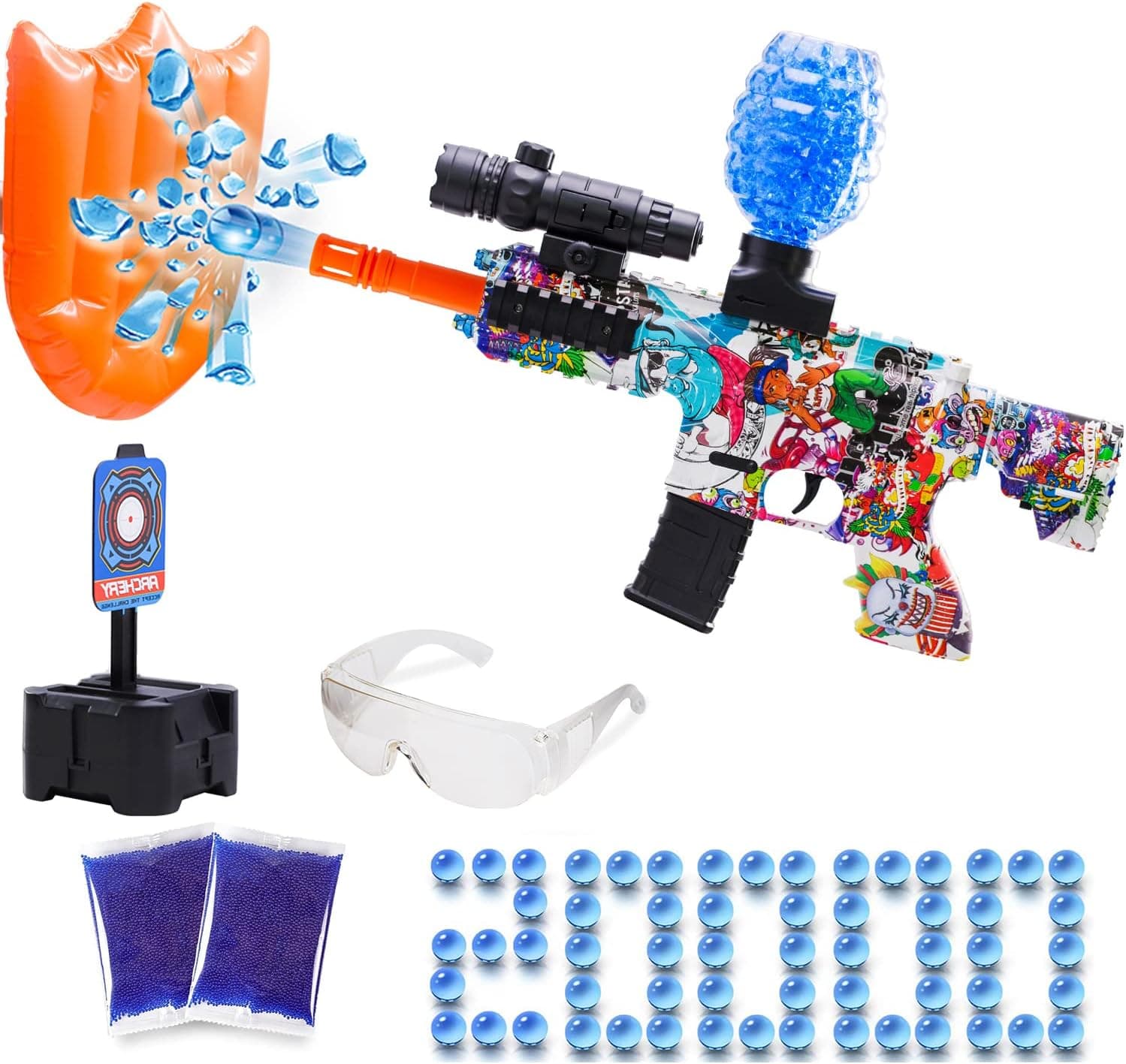 HYNXM Splat Gun - Orby Gun with Inflatable Shield with 20000 Water Balls，Goggles - Splatter Ball Gun for Backyard and Outdoor Activities - Gift Toy for Boys and Girls Ages 12+ (Cartoon)