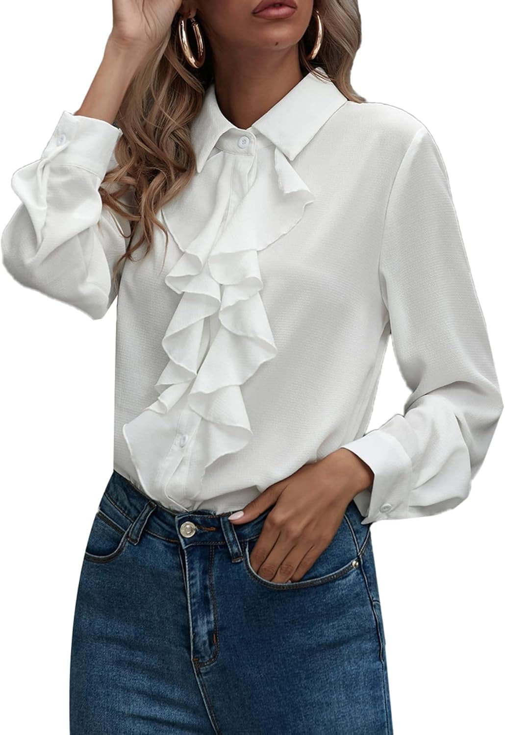 SheIn Women's Long Sleeve Button Down Lotus Ruffled Work Shirt Chiffon Blouse Tops