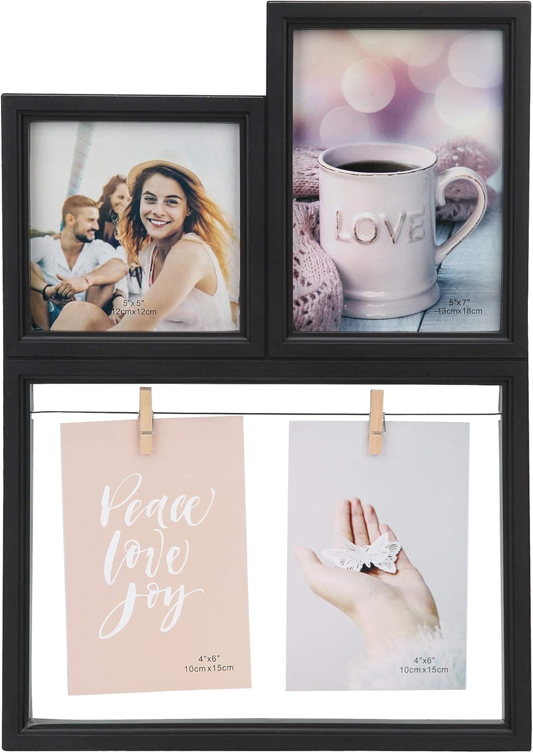 Collage Picture Frame 12x16 - Display 5x5,5x7,11x8 three Openings with Mat or Clips - Black Photo Frame - 3 Options