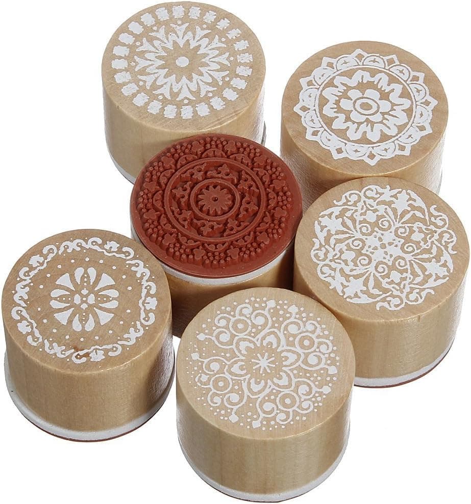 Ruikey Wooden Stamper Stamp Floral Round Handwriting Craft for Scrapbook Card Making 6pcs