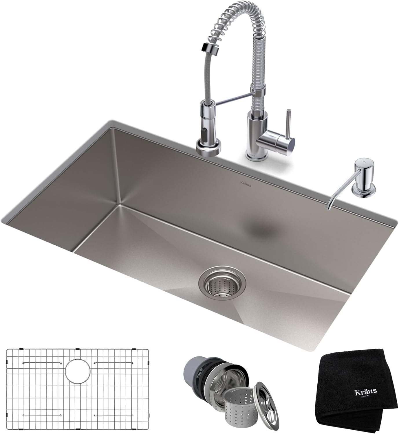 Kraus KHU100-30-1610-53CH Set with Standart PRO Stainless Steel Sink and Bolden Commercial Pull Faucet in Chrome Kitchen Sink & Faucet Combo, 30 Inch
