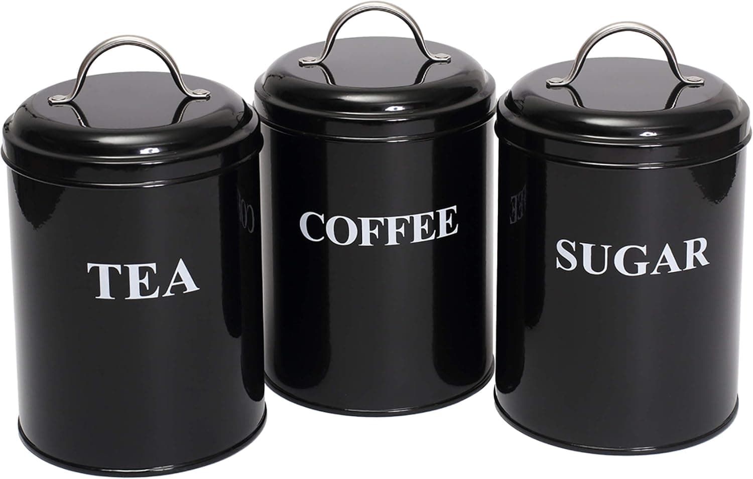 Morezi 3 Piece Round Kitchen Canister Set Tea Coffee Sugar Set Kitchen Bin Storage - Airtight Lid - Countertop Space-Saving, Carbon Steel Safty - Black