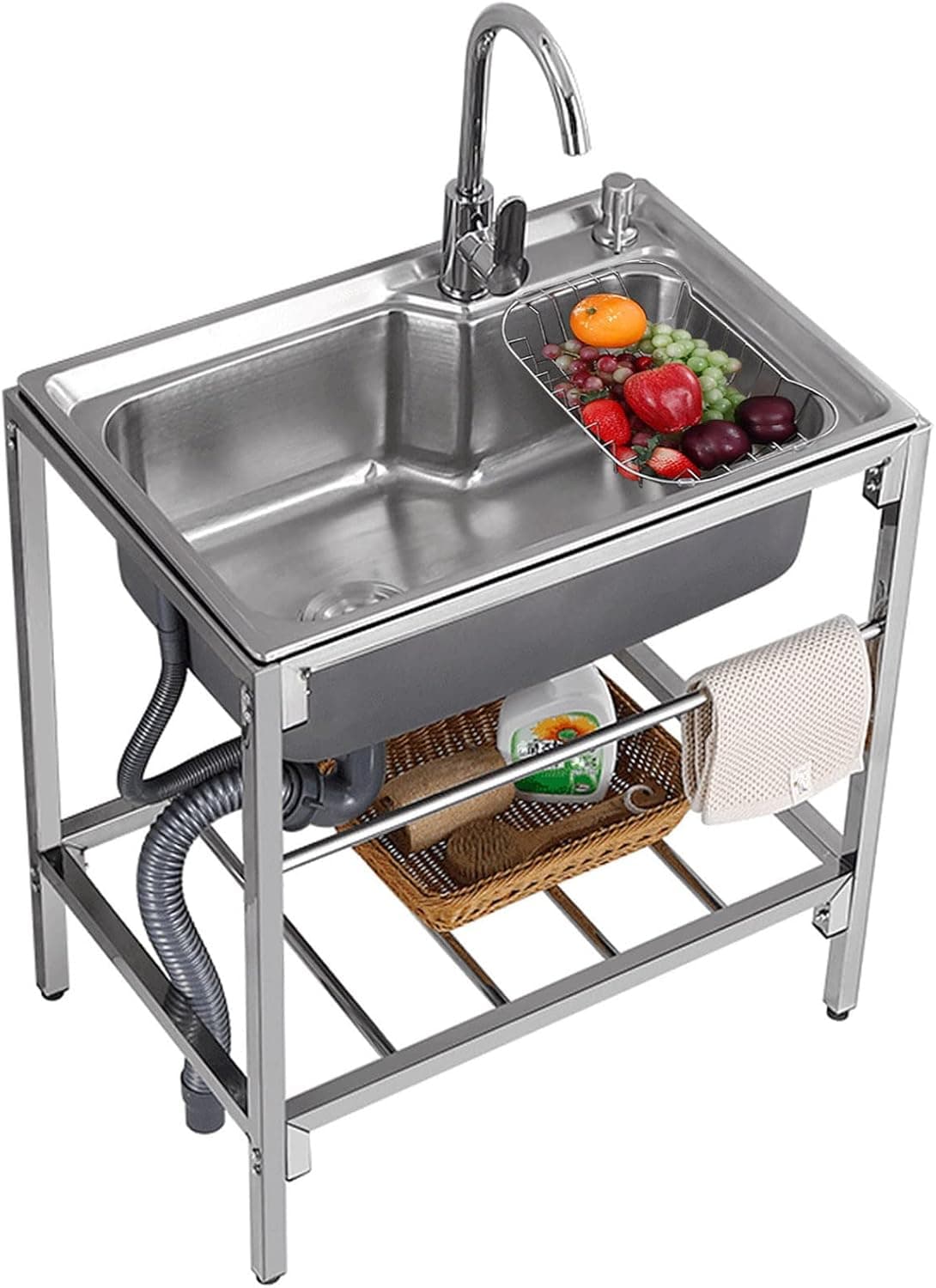 Stainless Steel Utility Sink Free Standing Single Bowl Commercial Restaurant Kitchen Sink w/Storage Shelve Laundry tub for Indoor Outdoor Garage Backyard 27.9x18.5in