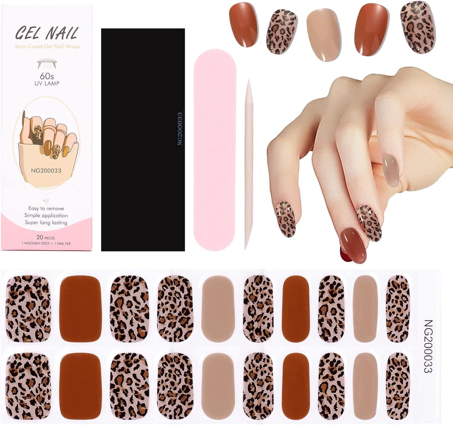 Gel Nail Strips 20 Nail Polish Strips For Women Semi Cured Gel Nail Strips Gel Nail Wraps Real Nail Polish For Girls Christmas Nail Stickers Brighter Thicker Tougher Includes Cuticle Stick Nail File (Leopard)