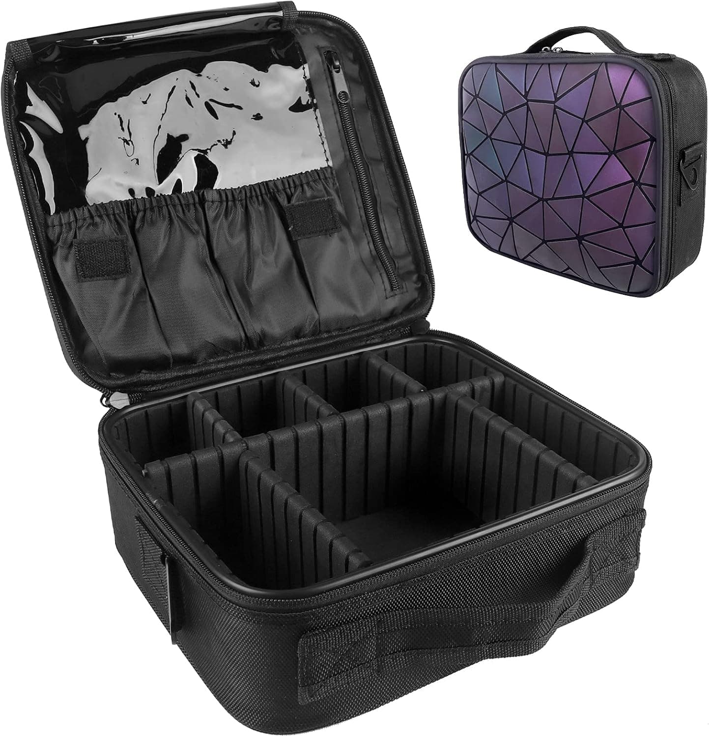 Travel Makeup Bag, Cosmetic Bags for Women, Luminous Geometric Travel Cosmetic Bag, Portable Artist Storage Bag with Adjustable Dividers for Makeup Brushes Toiletry Jewelry Digital Accessories, Black