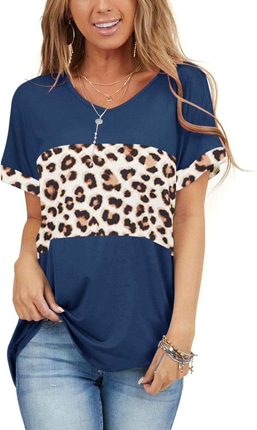 Yuccalley Women's Leopard Print Summer Tops Casual Short Sleeve V Neck Tunic Tees