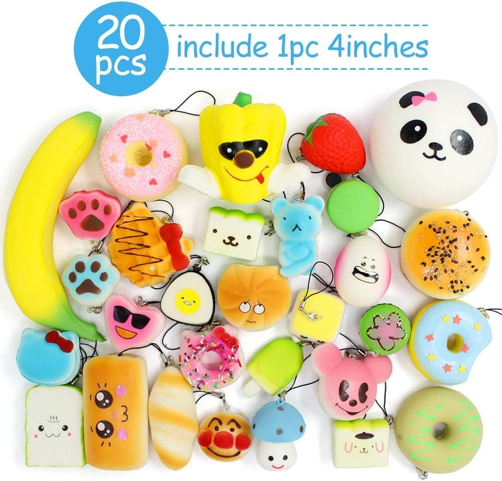 FLY2SKY 20pcs Squishies Slow Rising Jumbo/Medium/Mini Squishies Fruit/Cake/Panda/Bun/Animal Squishies Food Donuts with Phone Straps Stress Relief Toys Randomly