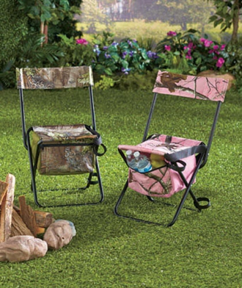 Realtree Portable Folding Extra-Wide Seat and Backrest Camouflage Lightweight Camping Hiking Fishing Hunting Sports Lounge Chair w/ Built-in Zippered Under the Seat Storage Pouch and Shoulder Carry Strap, Pink