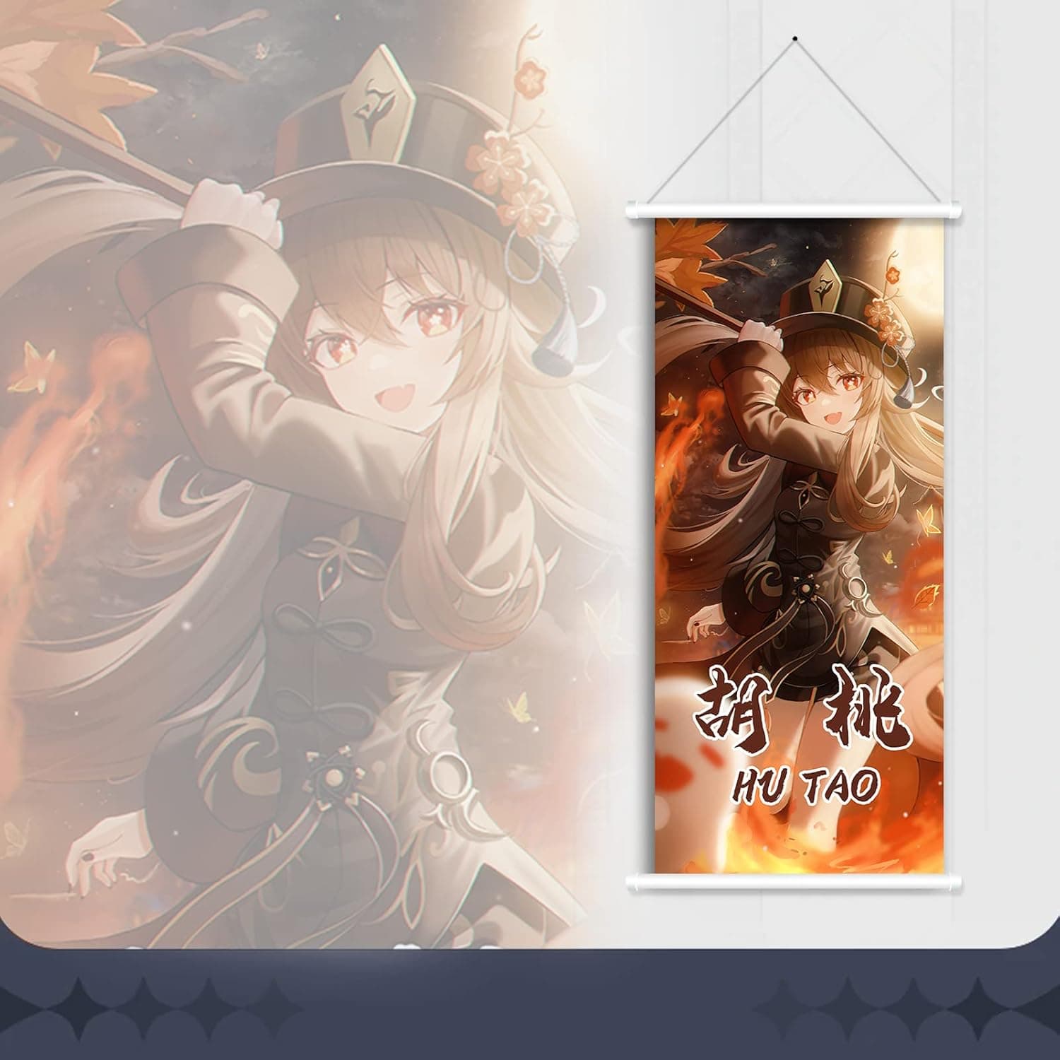 Yuedevil Hu Tao Scroll Poster Genshin Impact Game Hanging Wall Art Premium Artistic Canvas for Bedroom Decor
