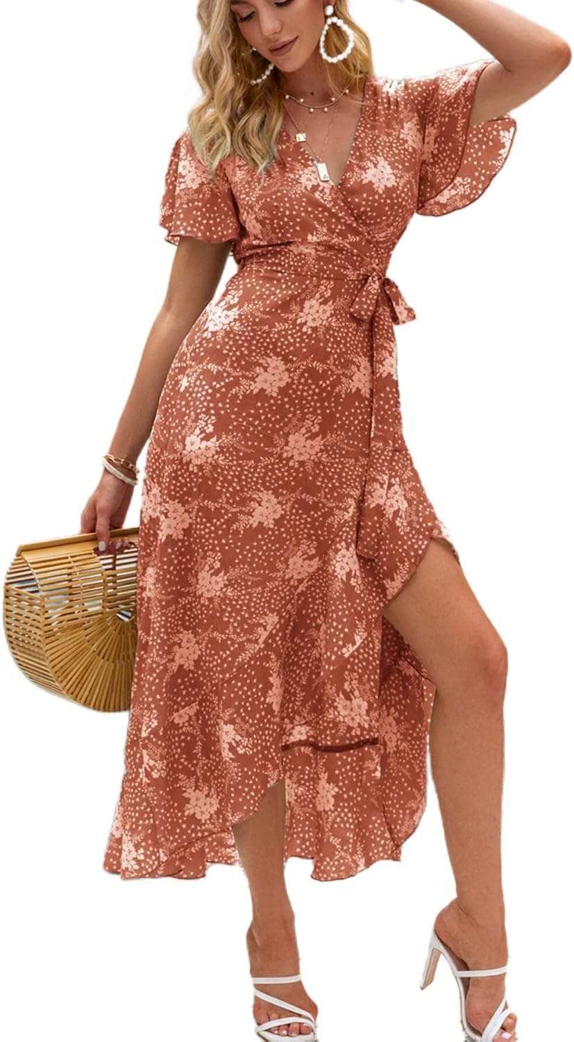 Miessial Women's Summer Chiffon V Neck Ruffle Maxi Dress Polka Dot Long Beach Wrap Dress