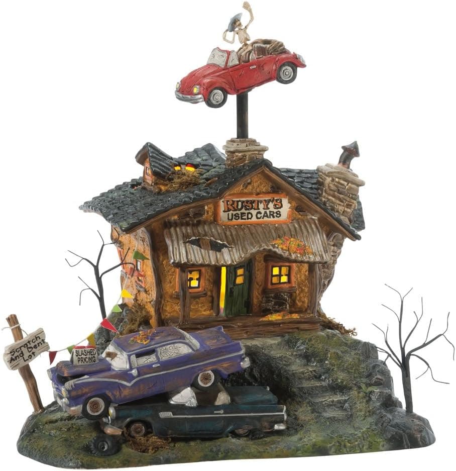 Department 56 Snow Village Halloween Rusty's Used Cars Lit House