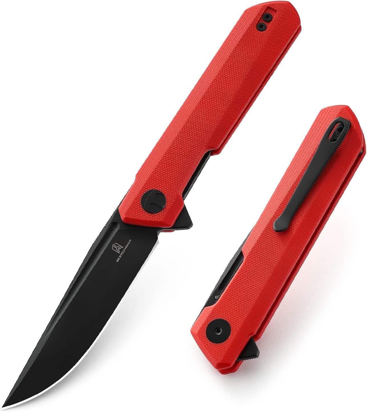 BESTECHMAN Dundee Pocket Folder Folding Knife: 3.35" D2 Steel Black Titanized Blade, G10 Scales, EDC Reversible Deep Clip, BMK01L (Red Handle)