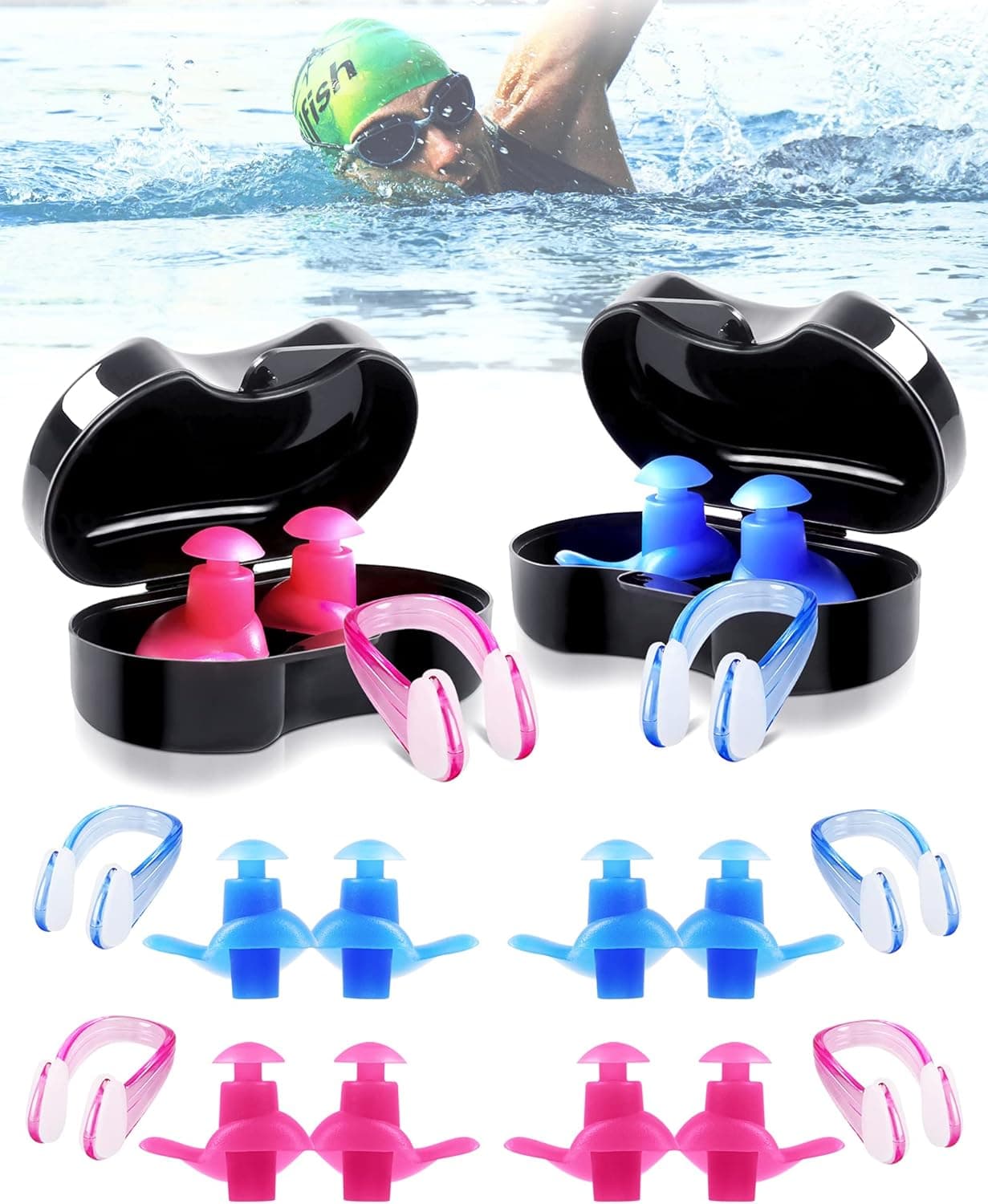6 Pair Ear Plugs with Nose Clips for Swimming, Soft Silicone Swimming Earplugs for Surfing, Snorkeling, Showering, Training, Reusable Swimmers Ear Protection for Kids Adults