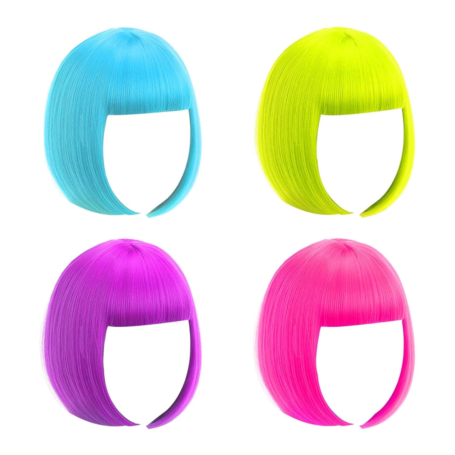 Short Bob Wig, 4 Pieces Colorful Wigs, Cosplay Wigs 12" Straight with Flat Bangs, Neon Colored Wig for Women Girl Party Favors Bachelorette Party Night Club Come with Extra Wig Cap (Blue Green Purple Hot Pink)