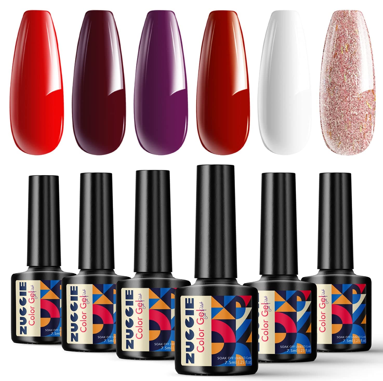 ZUCCIE Burgundy Red Gel Nail Polish Set, 6 Color Pink Glitter Gel Nail Polish Kit Dark Purple White Gel Polish Soak Off UV LED Gel Nail Kit Manicure Kit DIY Home Salon Nail Art
