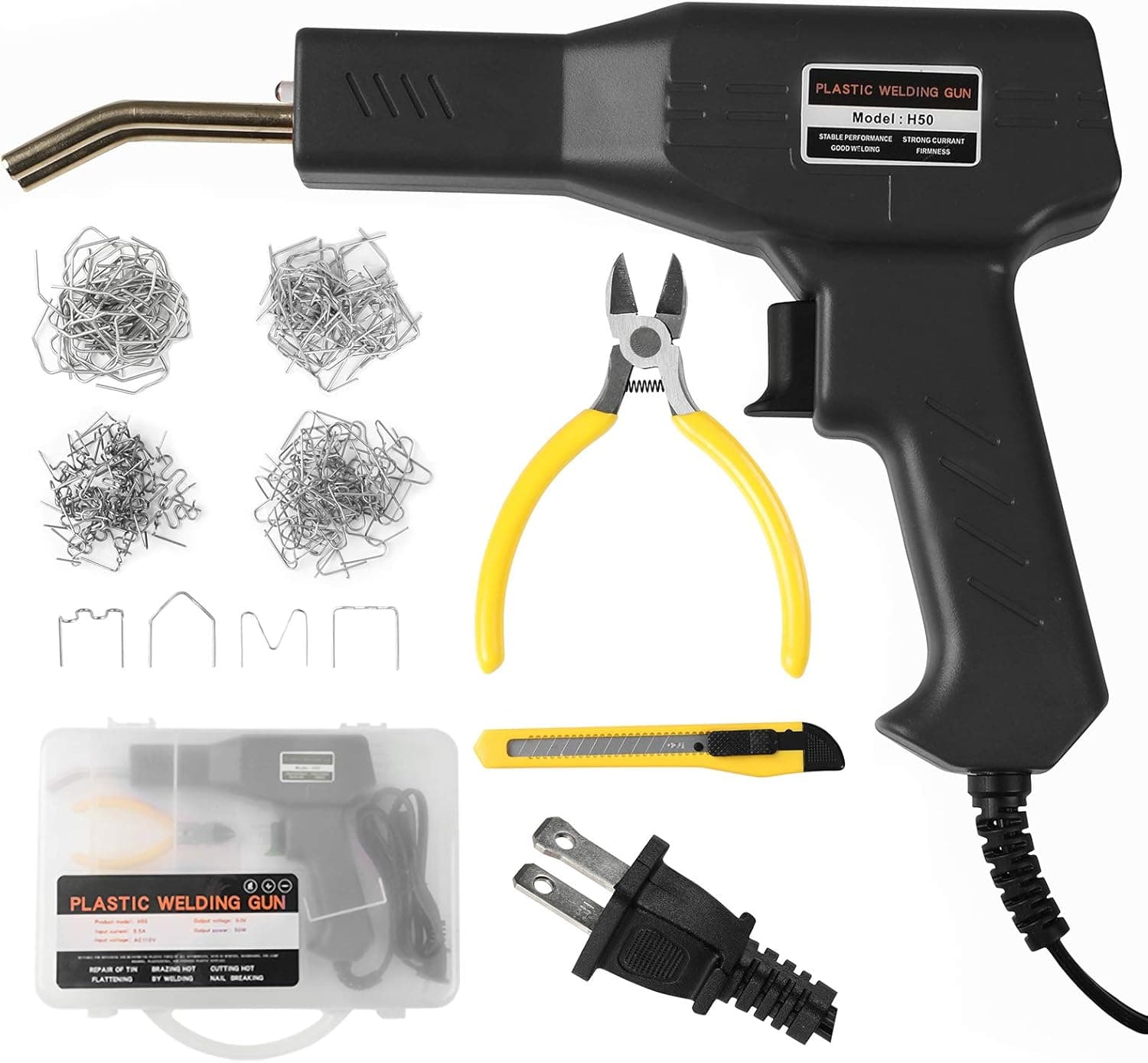 ATOLS Plastic Welding Machine Car Bumper Repair Kit, Plastic Welder Machine, 50W Hot Stapler Plastic Repair Kit, Hot Staple Gun Car Bumper Crack Repair Kit with Plier & 4 Types Hot Wave Flat Staples