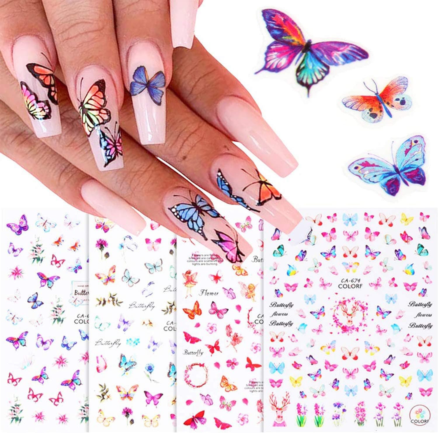 3D Butterfly Nail Art Stickers Flower Butterfly Nail Decals for Acrylic Nails Decoration Self-Adhesive Butterfly Nail Sticker Designs Foil Nail Art Butterfly Set Manicure Tips Accessories (4 Sheets)