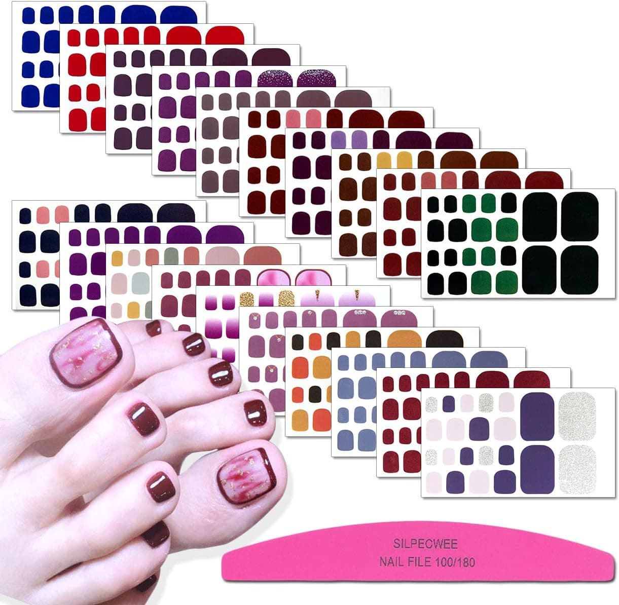SILPECWEE 20 Sheets Toenail Polish Strips for Women Toe Nail Stickers Full Nail Wraps Self Adhesive Gel Nail Strips Toes Manicure Sticker for Nail Art Accessories with Nail File
