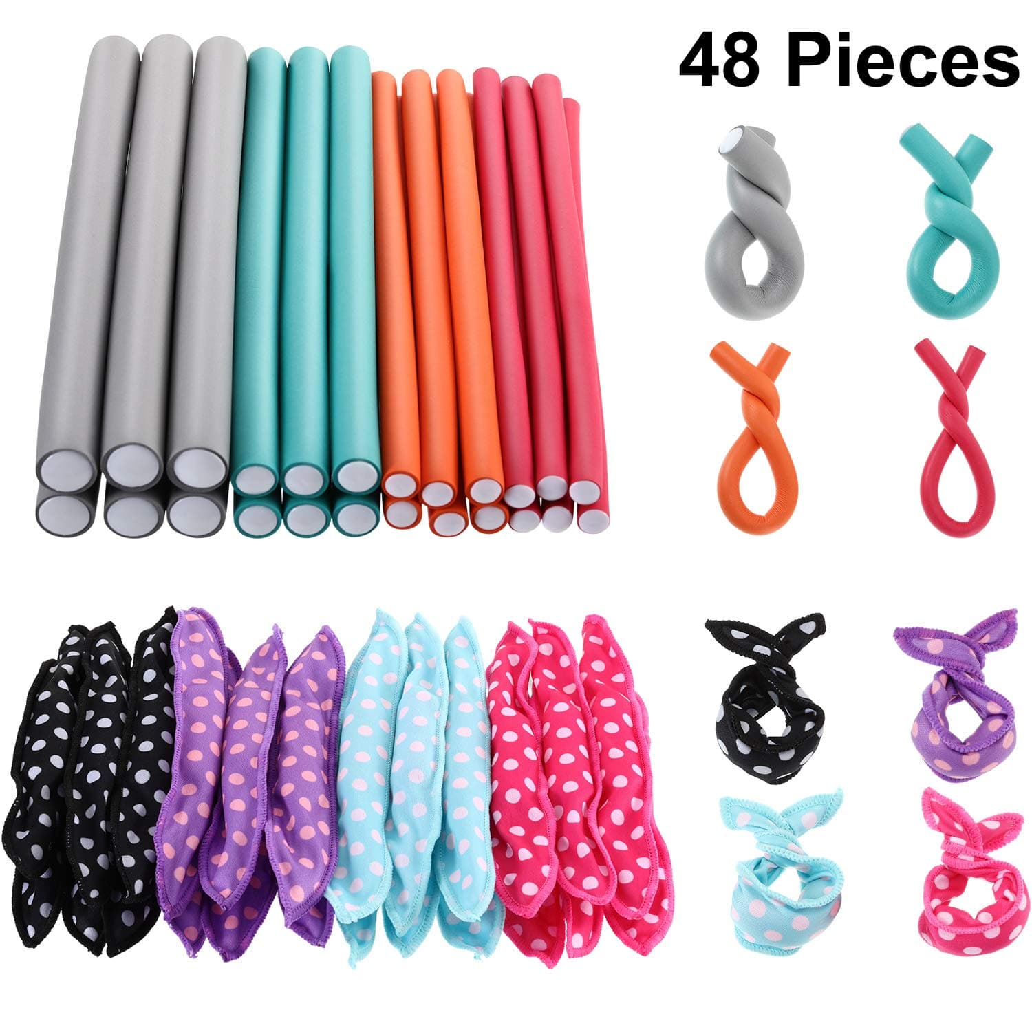 48 Pieces Hair Curler Rods Set 24 Pieces 9 Inch Flexible Curling Rods Twist-flex Rods in 4 Size and 24 Pieces Sleep Foam Hair Rollers, DIY Hair Styling Rollers Tools for Short, Medium and Long Hair