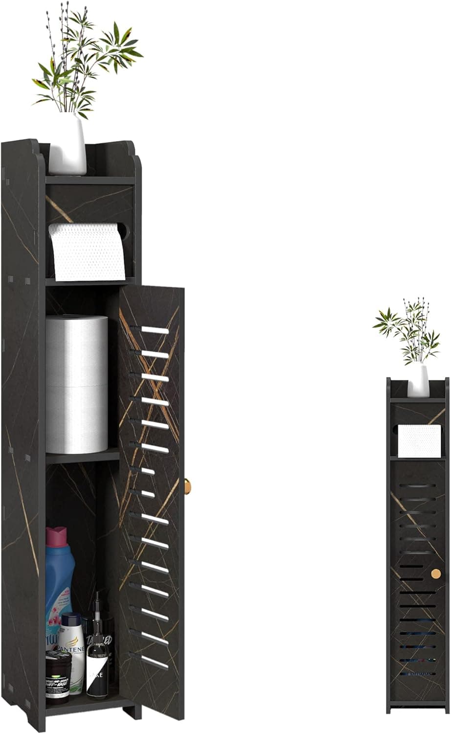 LuckyBond Small Bathroom Storage Cabinet Corner Shelf with Door and Shelf Narrow Toilet Paper Holder with Storage, Slim Toilet Vanity,Black， 6" W x 7.7" D x 31.5" H