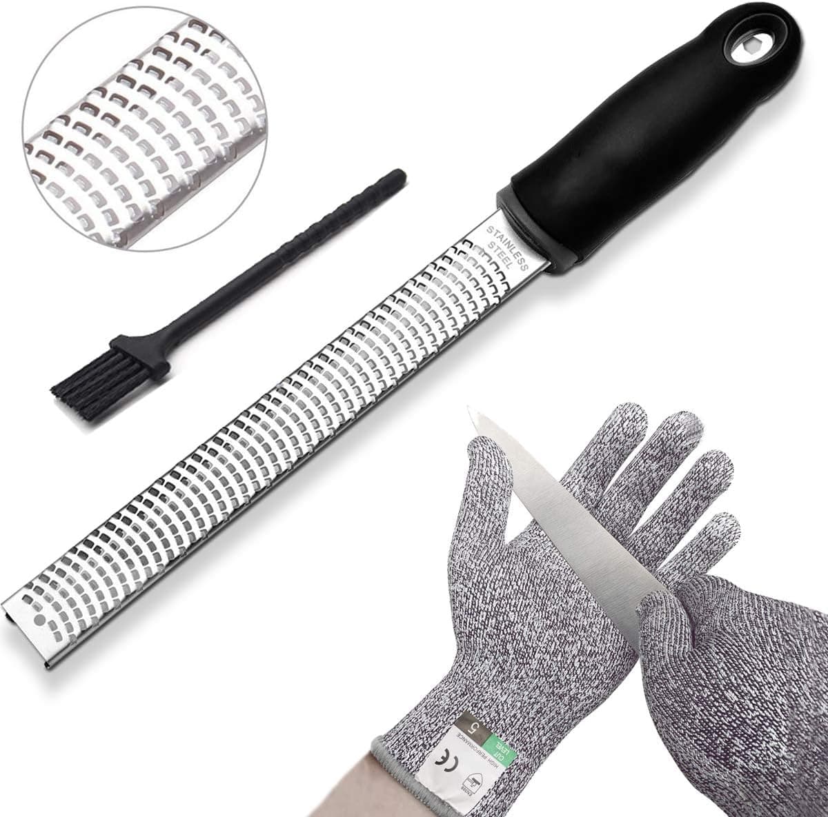 GonLei Citrus Lemon Zester & Cheese Grater With Cut Resistant Gloves High Performance Level 5 Protection- Parmesan, Lemon, Ginger, Garlic, Nutmeg, Chocolate, Vegetables, Fruits - Razor-Sharp Stainless