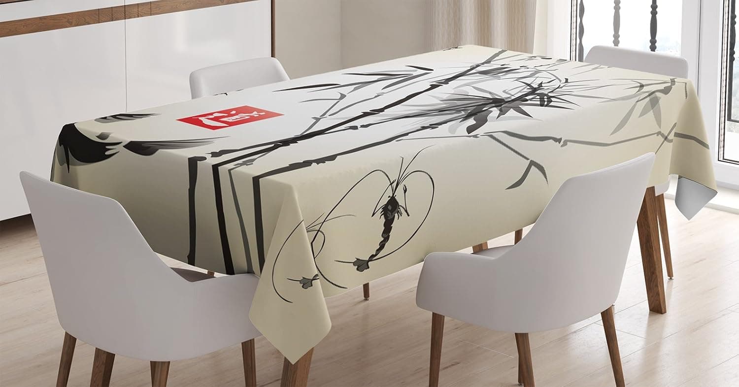 Ambesonne Japanese Tablecloth, Japanese Traditional Garden Design Wildlife Forest Meditation Origami, Rectangular Table Cover for Dining Room Kitchen Decor, 60" X 90", Ivory Black