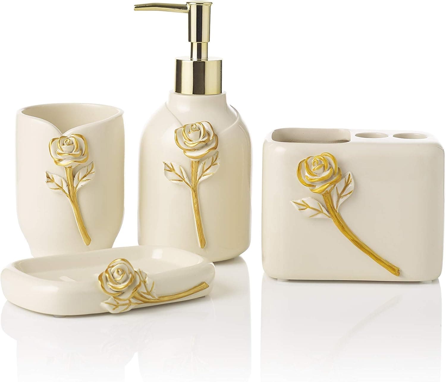 VIRTUNE Premium Yellow Bathroom Accessories Set. Accesorios para Baños. Gold Soap Dispenser Set. Farmhouse Toothbrush Holder Set. Boho Bathroom Decor. Rustic Bathroom Set. Flower Soap Dispenser