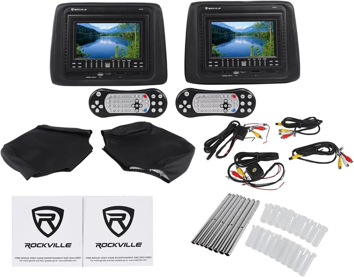 Rockville RVD72-BK 7 Black Dual DVD/USB/SD Car Headrest Monitors+Video Games