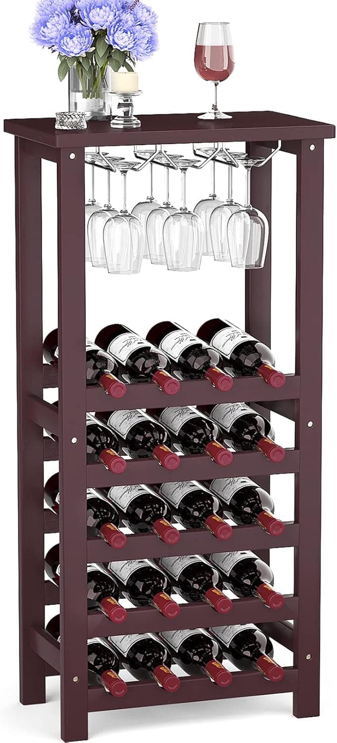 Homykic Wine Rack Freestanding Floor, 20-Bottle Bamboo Wine Shelf with Stemware Rack, Small Vertical Wooden Wine Storage Stand Organizer for Dining Room, Kitchen, Living Room, Home Bar, Espresso
