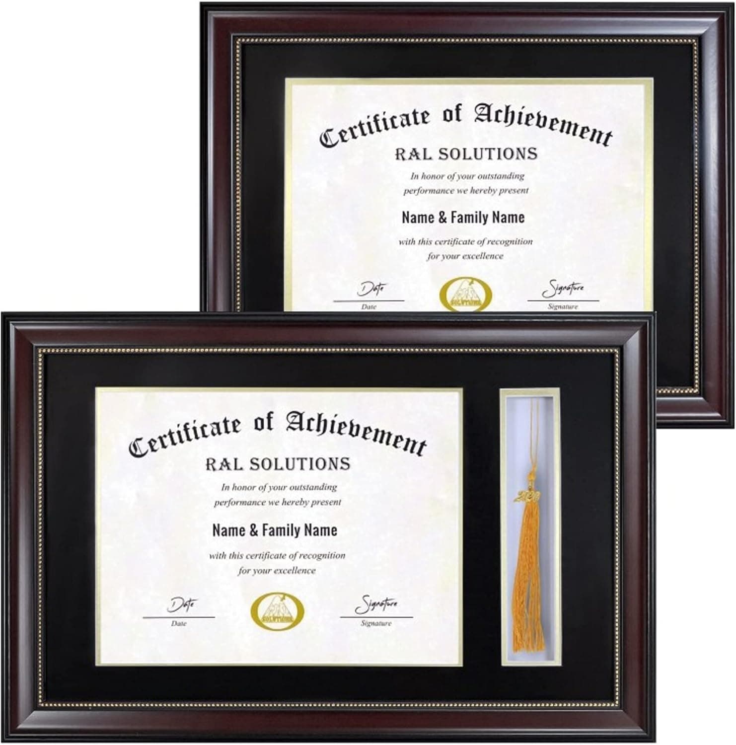 Diploma Frame with Tassel Holder (Tassel Shadowbox) & Certificate, Document, Degree Frame (2pcs); Diploma Frames 8.5x11 with Mat (Double Matted) Black over Gold with Real Glass