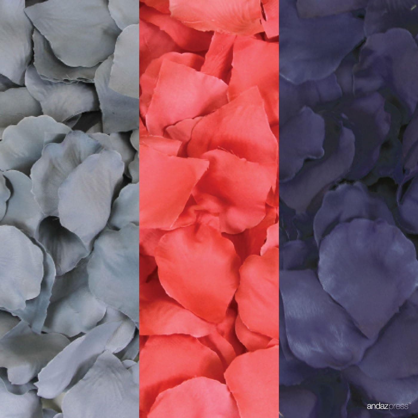 Andaz Press Silk Fabric Rose Petals Table Decorations, Gray, Coral, Navy Blue, 600-Pack, Colored Wedding Baby Bridal Shower Party Supplies