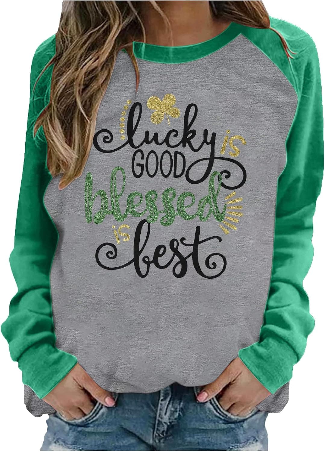 KIDDAD One Lucky Mama Shirts Women St Patrick's Day Tops Shamrock Graphic Baseball Shirt Green