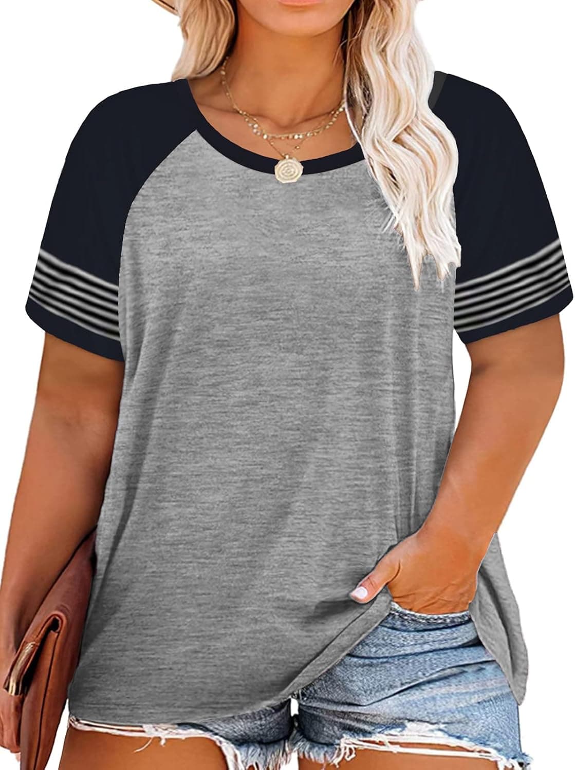 ROSRISS Plus-Size-Tops for Women Summer Short Sleeve Raglan Color Block Striped T-Shirts