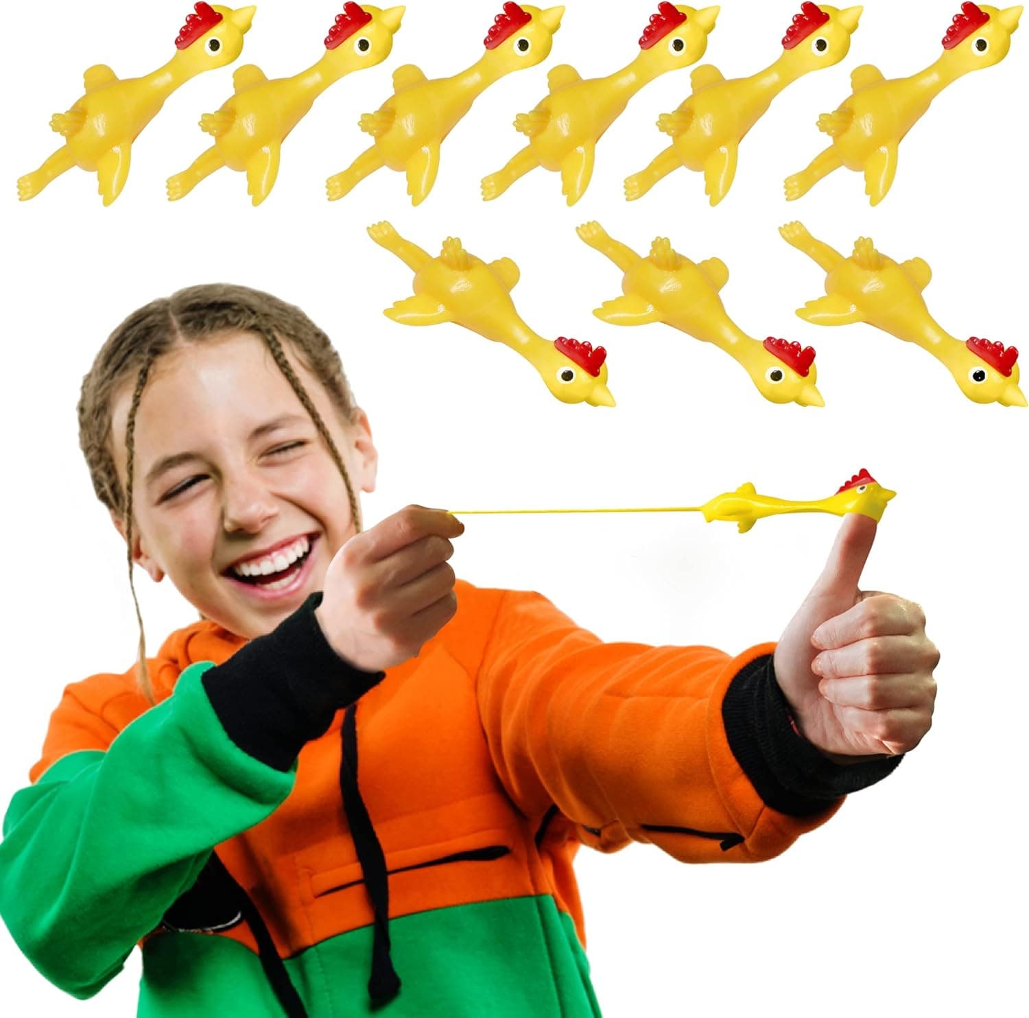 Novelty Place 10 Pcs Slingshot Chicken Flying Finger Toys - Stretchy Rubber Flick Chicks Shooting Game for Kids & Adults - Stress Relieve Fidget Toy, Party Favors & Easter Gift (4 Inch)