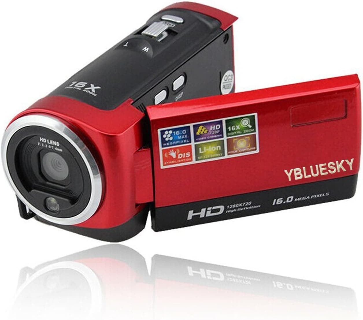 Digital Video Camcorder, YBLUESKY 720P Digital Camera 16mp with 16x Zoom and 2.7'' TFT LCD Rotation Screen HD, Red