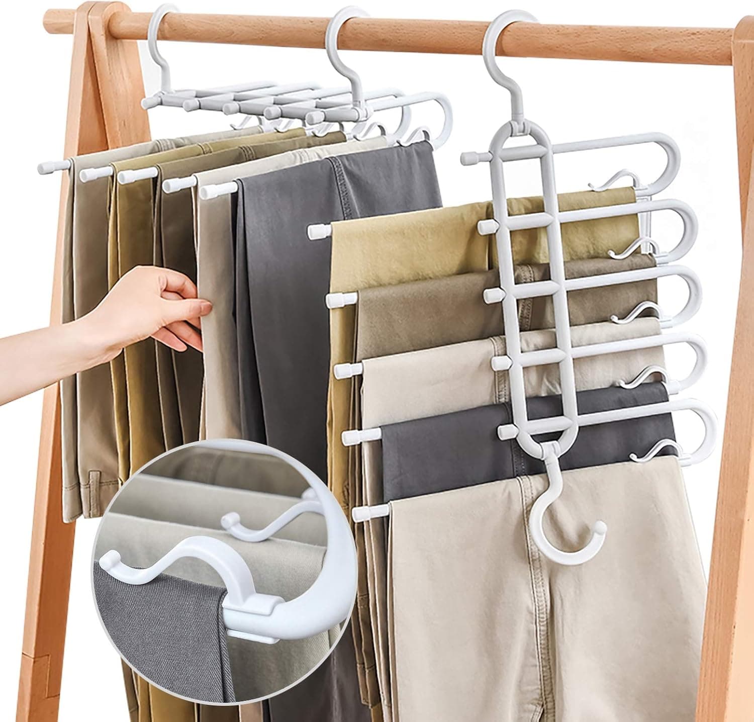 LaLand Space Saving Pants Hanger with Clips Trousers Hangers 5 Layered Pants Rack for Pants Jeans Trousers Skirts Scarf Ties Towels Closet Storage Non-Slip Clothes Organizer (4 Pack)