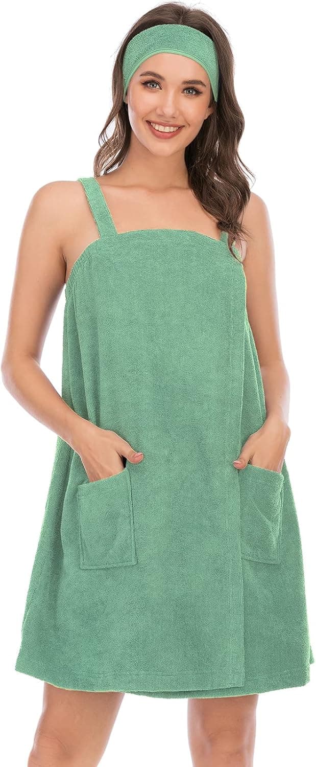 Rubehoow Robe Women's Towel Wrap Bathrobe with Adjustable Velcro Closure with Pockets & Facial Hairband