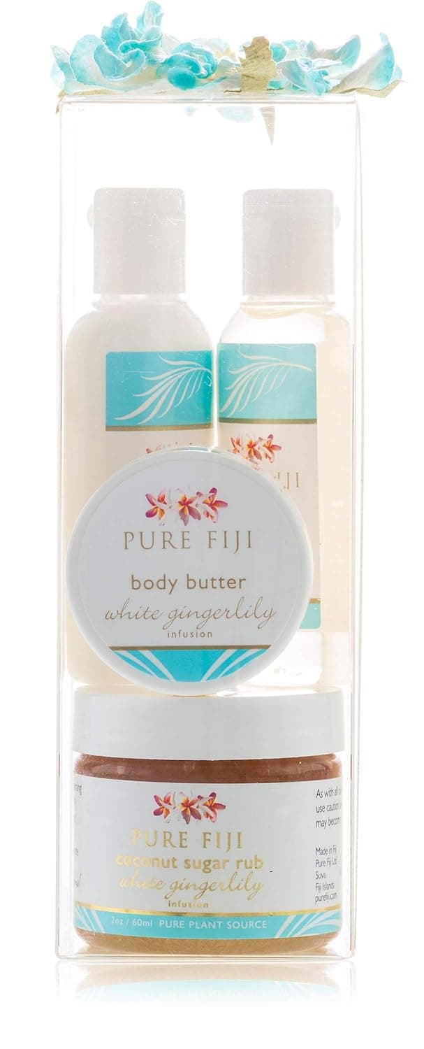 Pure Fiji Spa Gifts for Women and Man - Body Gift Box Sugar Glow with Exfoliating Scrub, Bath and Body Oil, Body Butter and Body Lotion, Shower Set, White Gingerly
