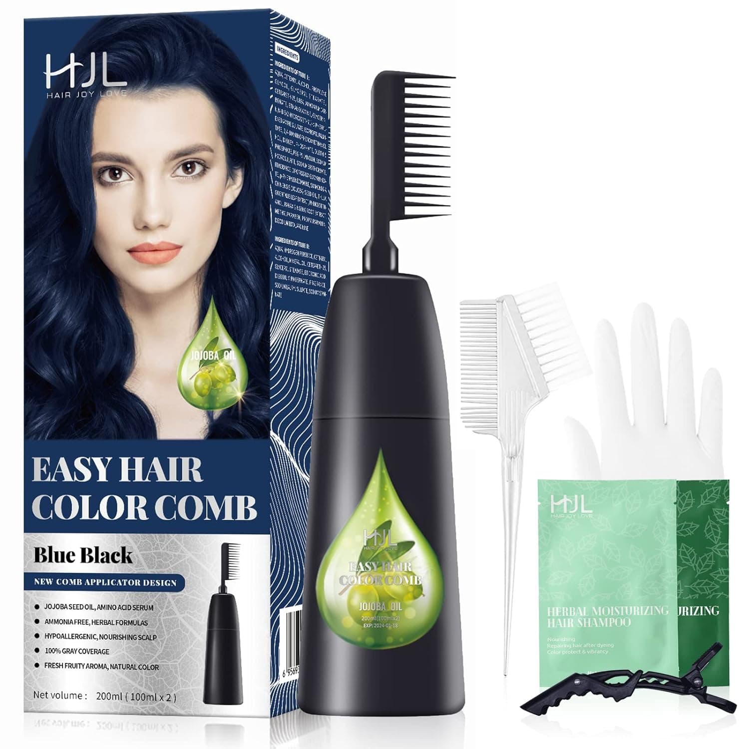 HJL Blue Black Hair Dye Permanent 100% Gray Coverage Hair Color with Comb Applicator Easy Use Hair Coloring Cream Kit, Ammonia Free