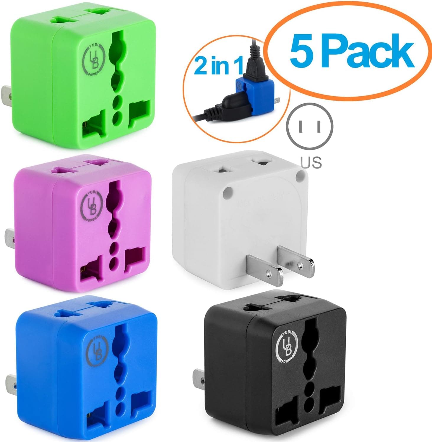 Yubi Power 2 in 1 Universal Travel Adapter with 2 Universal Outlets - 5 Pack - Green White Blue Purple Black - Type A for U.S.A, Japan, China, Canada, Mexico, and More
