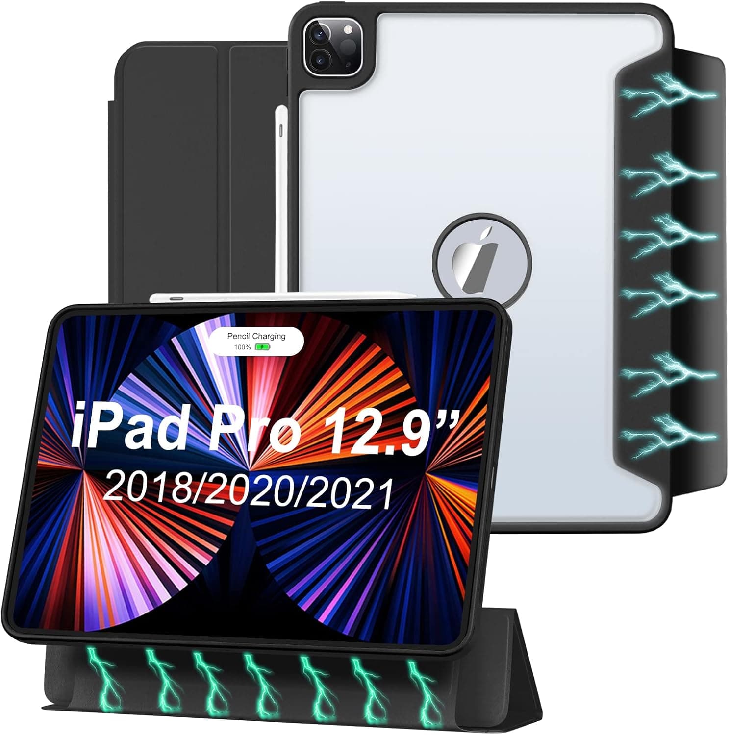 Case for iPad Pro 12.9 2022/2021/2020/2018 Gen 6th/5th/4th/3rd,2 in 1 Detachable Magnetic Case,Anti-Fingerprint Frosted Case and Washable Leather Protective Cover Support Pen Charger(Black)