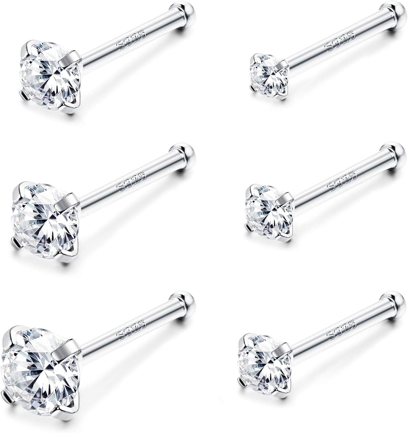 Sllaiss 6 Pcs 20G Nose Ring Studs 925 Sterling Silver Nose Piercings Set for Women 1.5mm 1.8mm 2mm 2.5mm 2.8mm 3mm Body Jewelry